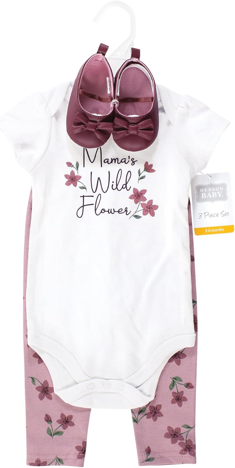 Hudson Baby Unisex Baby Cotton Bodysuit, Pant and Shoe Set, Plum Wildflower, 6-9 Months - Image 2