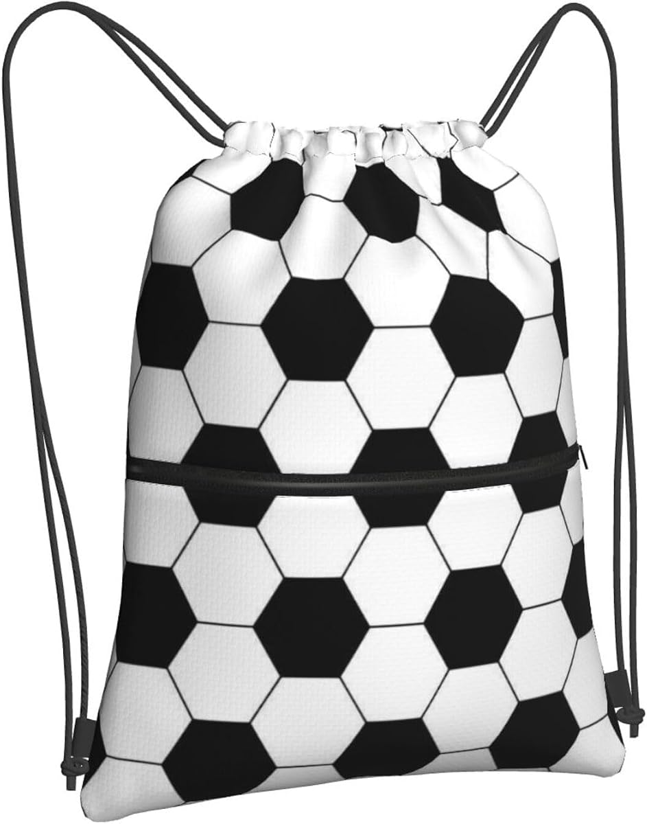 Outdoor Sports Soccer Drawstring Bag, Waterproof Drawstring Backpack for Gym Sports Teams Soccer Party, Men Women Black White Durable Cinch Bag with Front Zipper Pocket and Inside Zipper Pocket