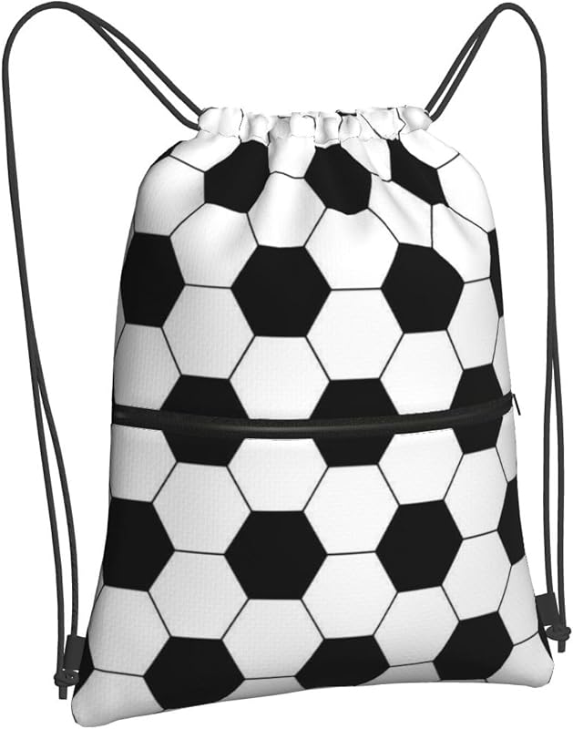 Outdoor Sports Soccer Drawstring Bag, Waterproof Drawstring Backpack for Gym Sports Teams Soccer Party, Men Women Black White Durable Cinch Bag with Front Zipper Pocket and Inside Zipper Pocket