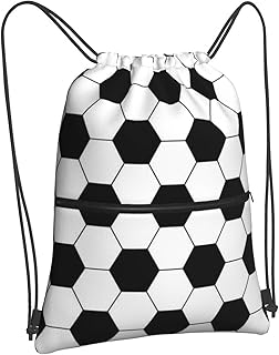 Outdoor Sports Soccer Drawstring Bag, Waterproof Drawstring Backpack for Gym Sports Teams Soccer Party, Men Women Black White Durable Cinch Bag with Front Zipper Pocket and Inside Zipper Pocket