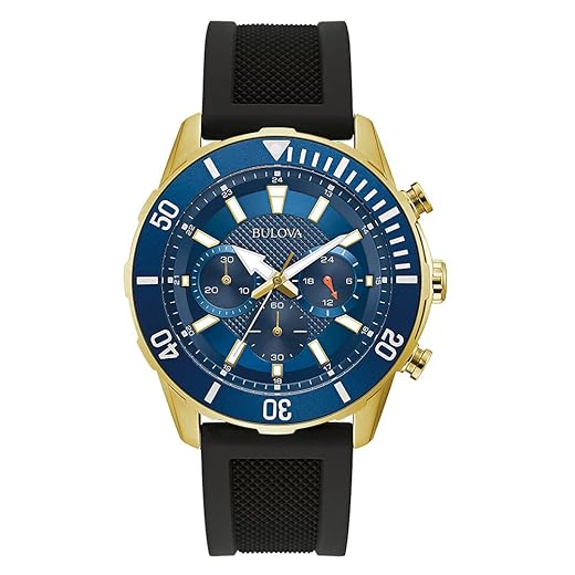 Bulova Relógio masculino clássico de aço inoxidável com 6 ponteiros e pulseira de silicone preto, mostrador azul (modelo: 98A244), Ouro e preto