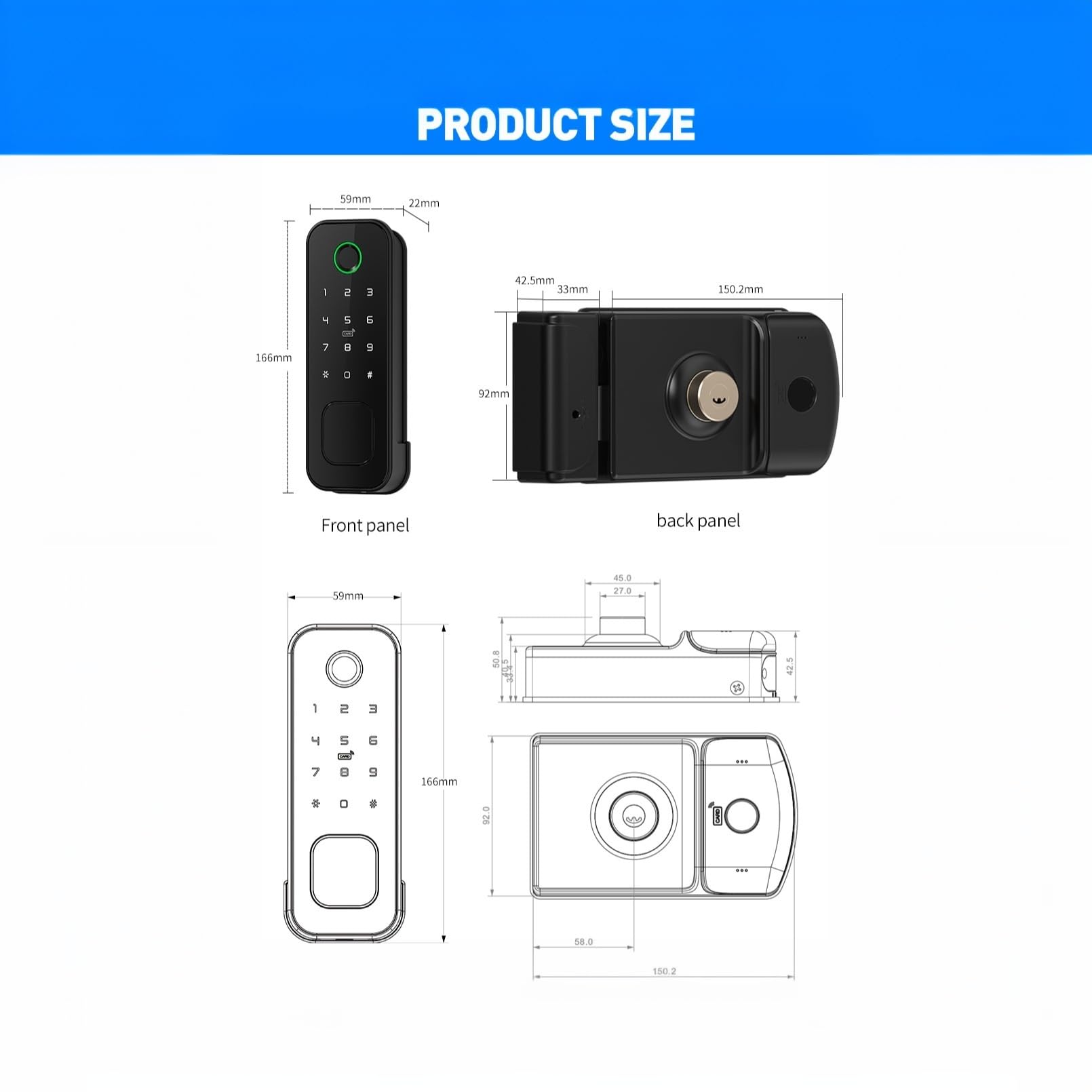 Cerradura Exterior IP66, Huella Doble y Tarjeta, Impermeable,Negro | Huella Digital de Doble Cara y Entrada de Tarjeta - Cerradura 5 en 1 para Portón/Verja de Jardín/Patio con WiFi