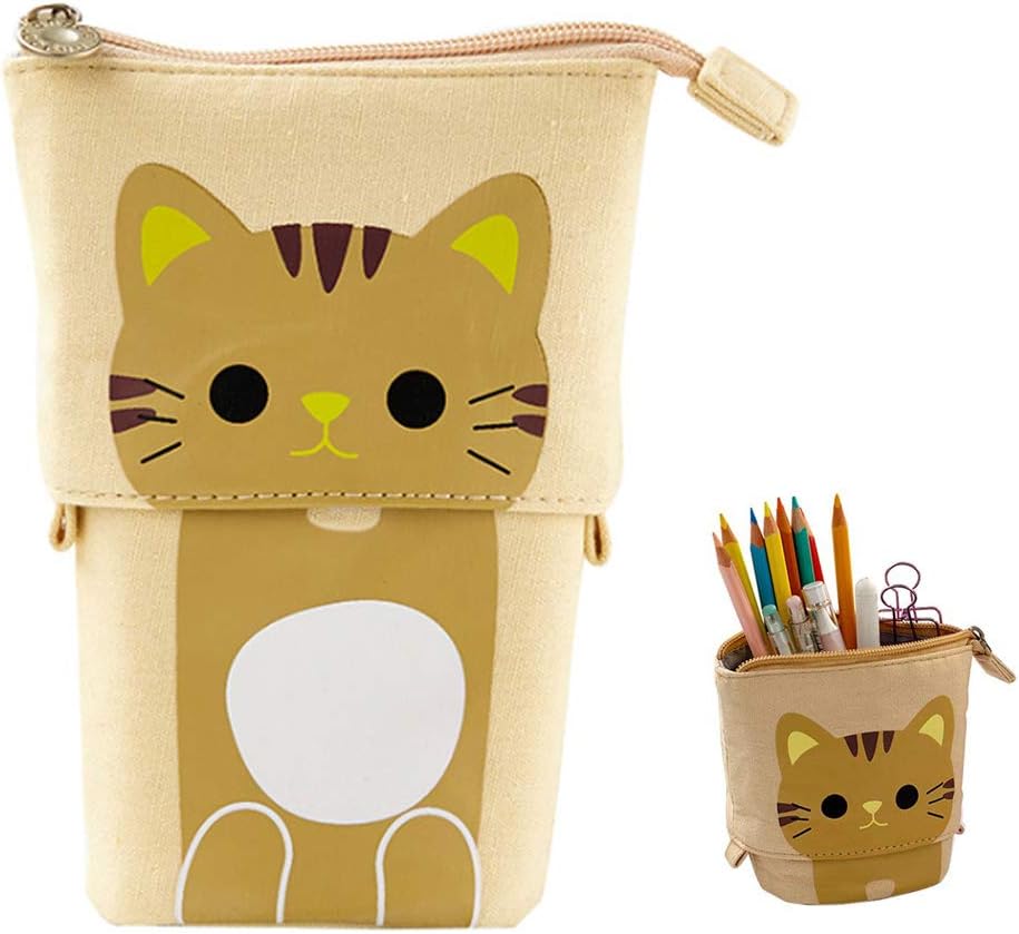 Hillento Telescopic Pencil Bags, Pencil Stand Holder, Telescopic Cat Pencil Case Canvas Pen Organizer Stationery Pouch Bag