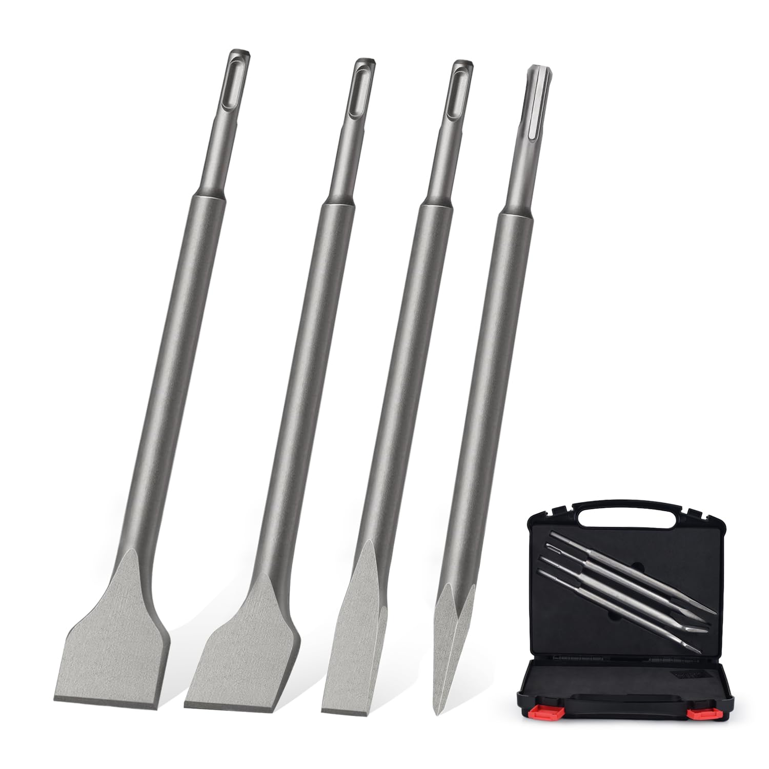 GMGSJ SDS Plus Chisel Set for SDS+ Rotary Hammers - Scaling Chisel,Point Chisel, Flat Chisel,Tile Chisel - with Storage Box, Ideal for Masonry, Concrete, Brick, Stone (4pcs)