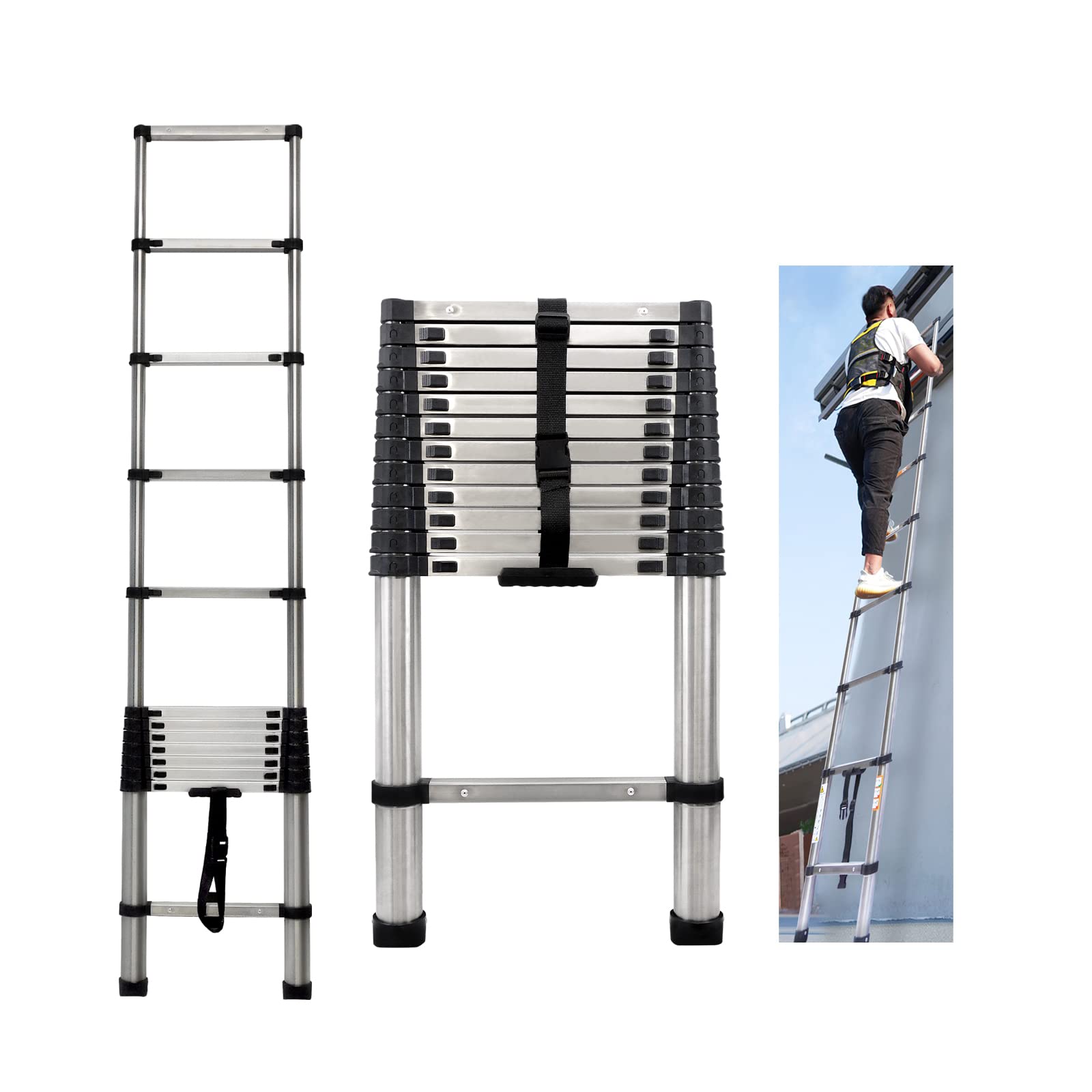 Échelle télescopique de 3,8 m - En acier inoxydable - Pour camping-car/grenier/bureau/entrepôt - Facile à transporter - Charge maximale : 150 kg