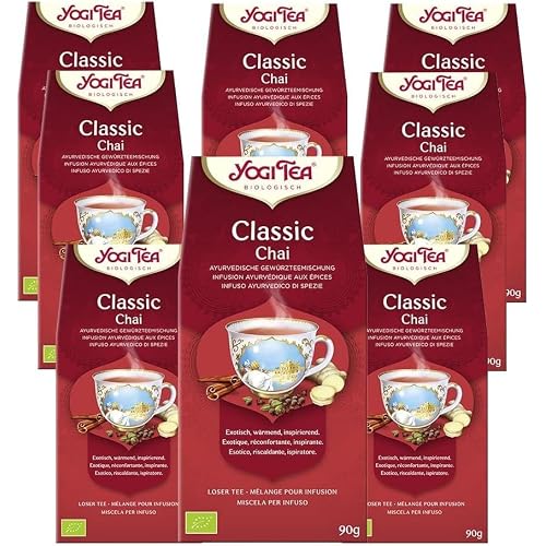 YOGI TEA, Classic Chai, Ayurvedischer Bio Gewürzteevon Natur aus koffeinfrei, Mischung aus Zimt, Kardamom und Ingwer, Yogi Tee loser Tee, 8er Pack à 90g (720g), Ideal als Geschenk