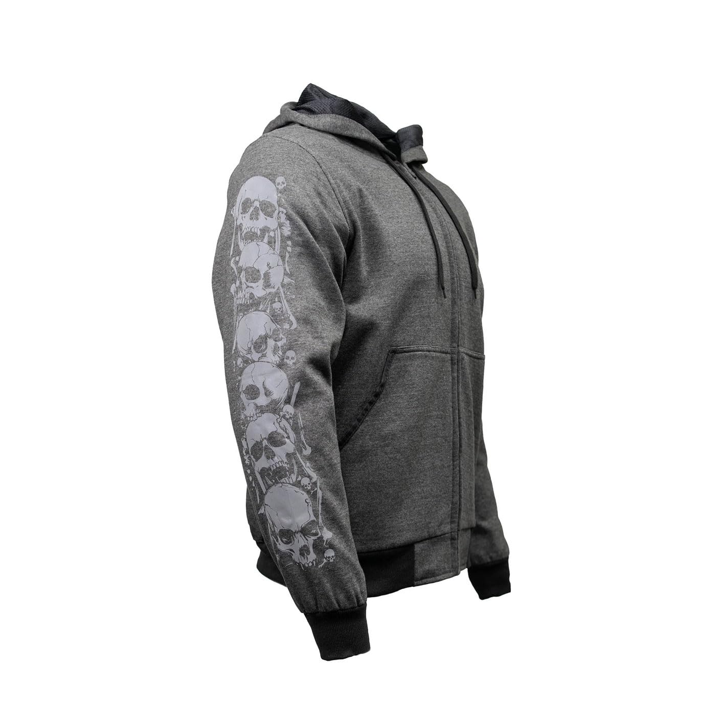 Men's Bare Bones Black Reflective Skull CE Armored Riding Hoodie, Shoulder and Elbow Armo…
