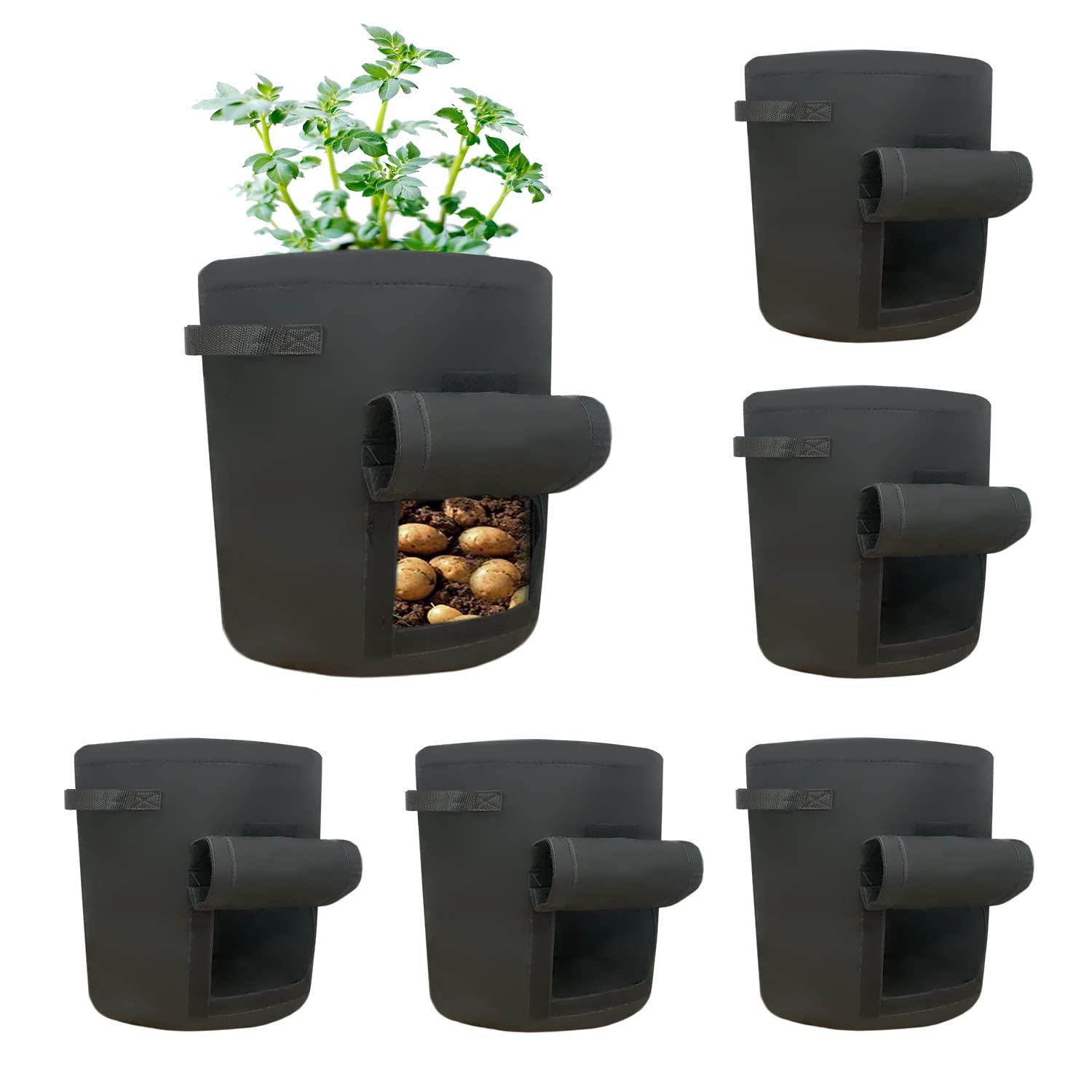 SunStream Grow Bags with Windows (5Gallon,6Pack) Breathable Fabric Plant Vegetable Growing Bag Planting Tomatoes, Potatos,Vegetables, Strawberry with Window Flap and Handles