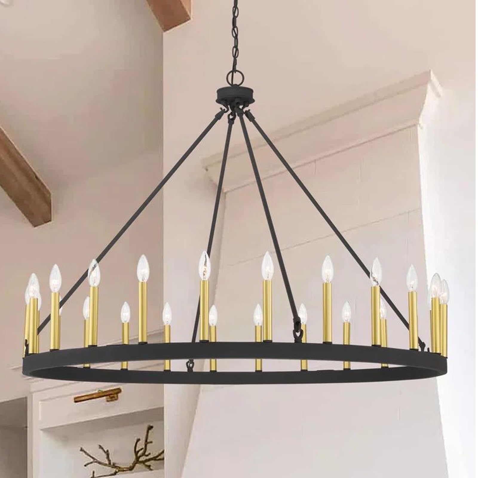HYJAUSXB Farmhouse Wagon Wheel Chandelier, 12/24-Light Round Black Rustic Ceiling Light Fixture with Adjustable Chain for High Ceilings, Living Room Dining FoyerBrown,12Heads