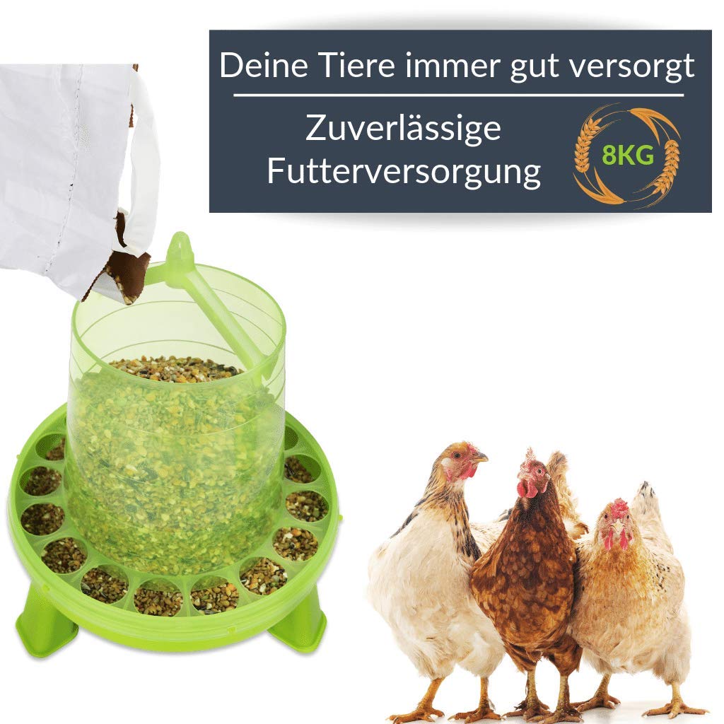 Futterautomat mit Füßen mit 2, 4, 8, 12 und 16 kg grün I Hühner, Geflügel Futterspender I Automatischer Spender für Hühnerfutter I Futterstation aufhängbar I Wasserdichter Automat (8 kg)