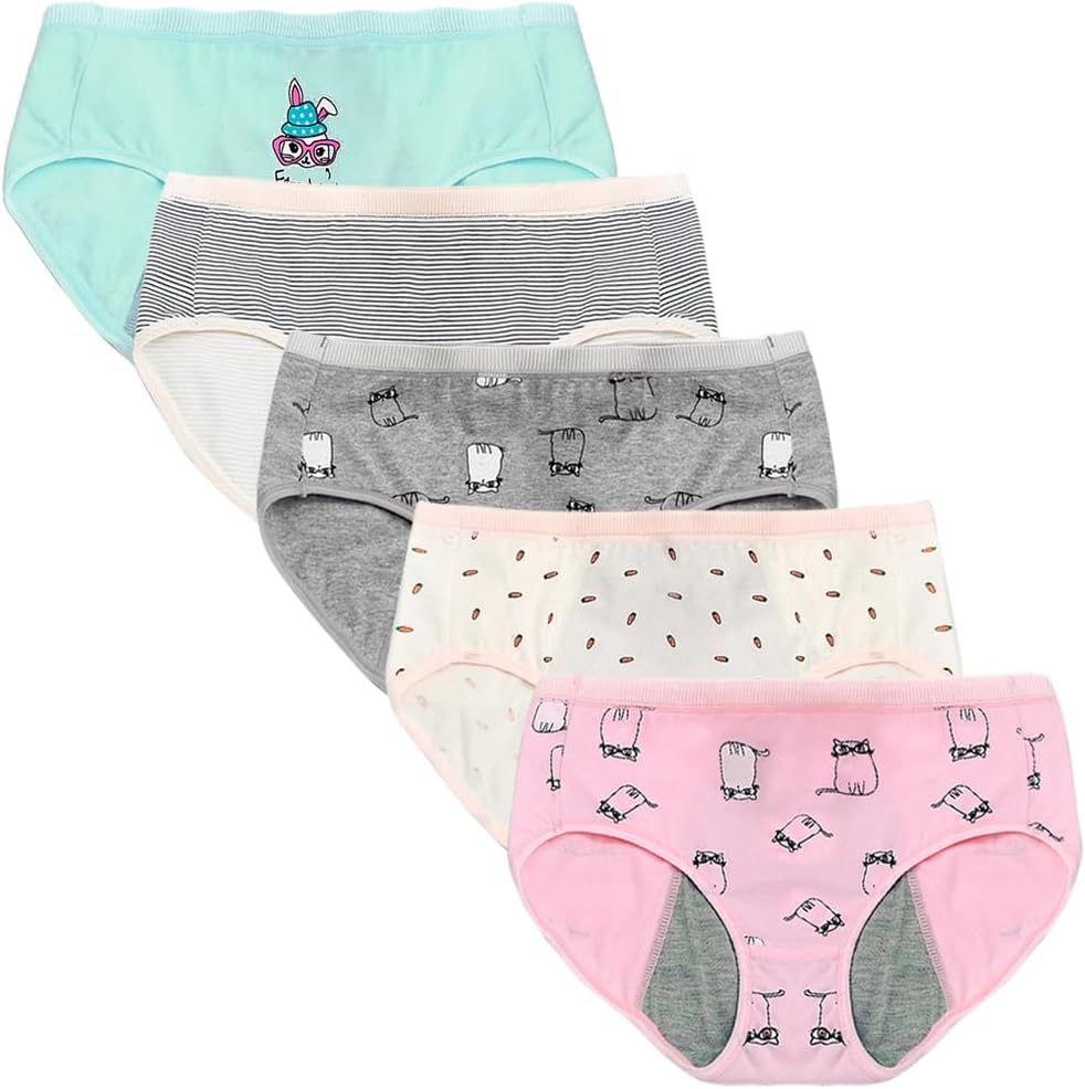 โ Teen Girls Cotton Menstrual Period Panties Soft Leak-proof Knickers Underwear for 8-18 Years Pack of 5