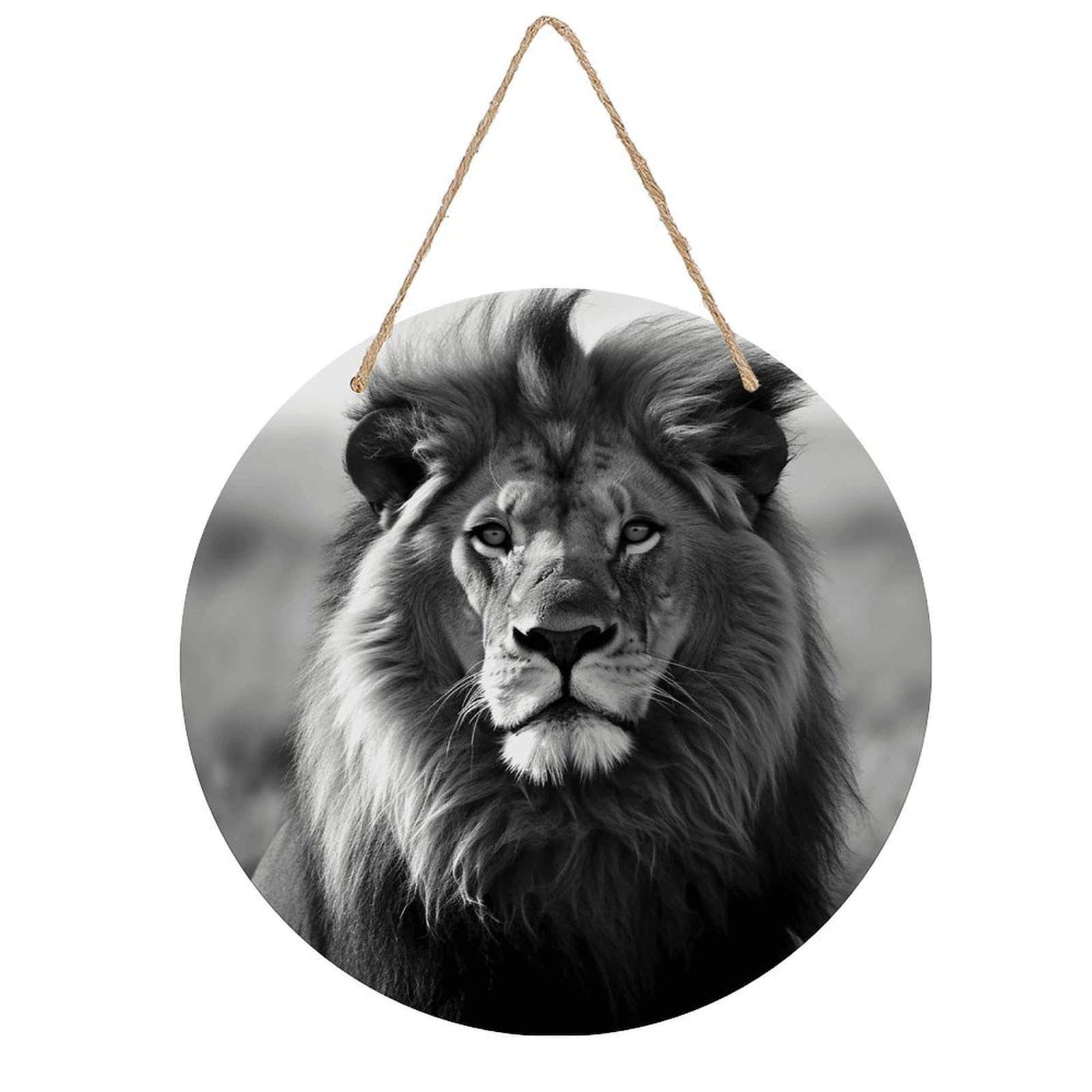 VstaDank African Lion Black And White Wall Decor Round Wood Hanging Sign 7.9x7.9 in Wooden Circle Door Hanger with Ropes, Rustic Wall Art Decor for Home Front Door Indoor Outdoor Decoration