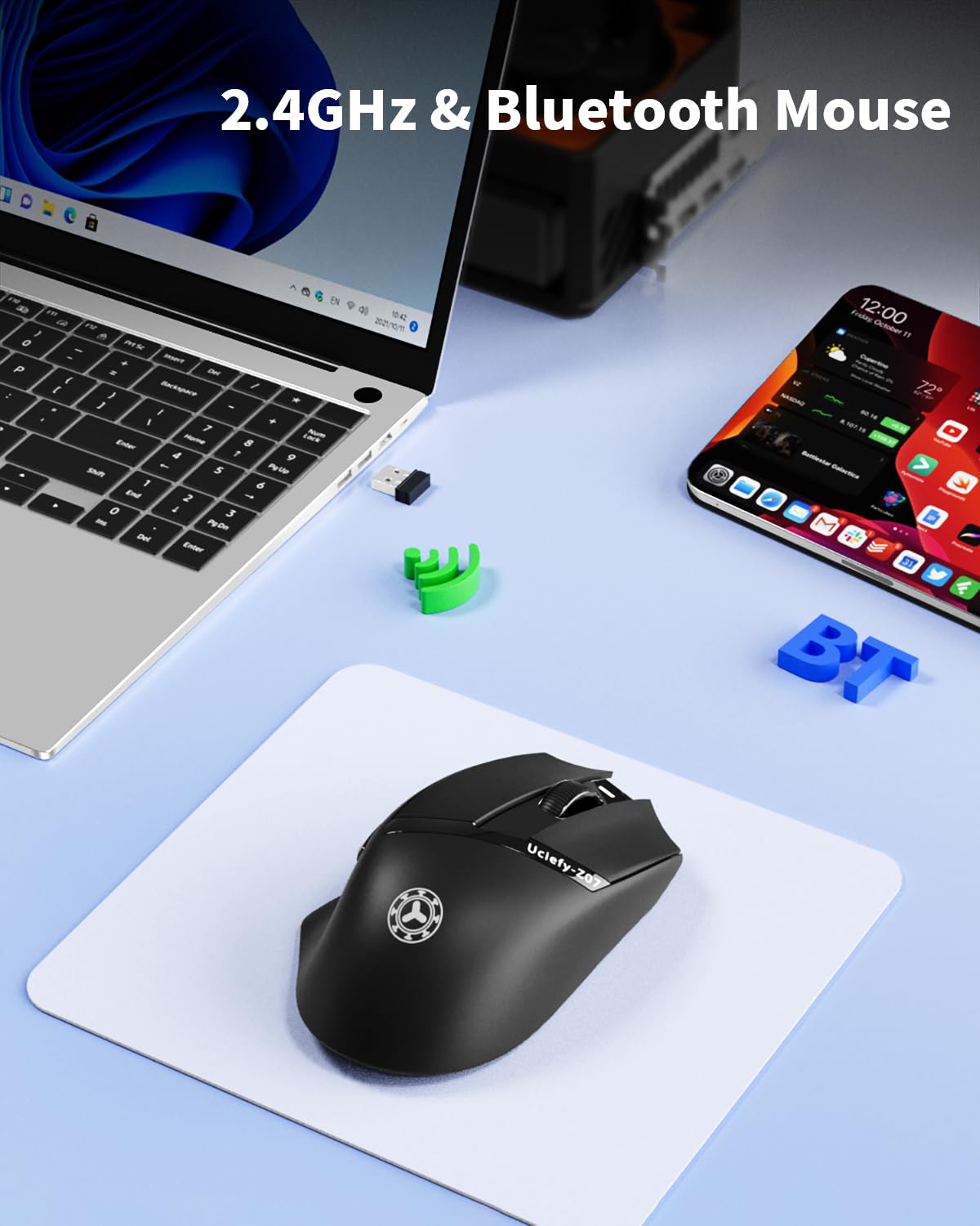 Uciefy Z07 - Ratón inalámbrico Bluetooth, modo dual (2.4G + BT5.1), mouse Bluetooth, mouse recargable USB C con indicador de carga, mouse ergonómico para computadora portátil/PC/Mac/iPad-negro
