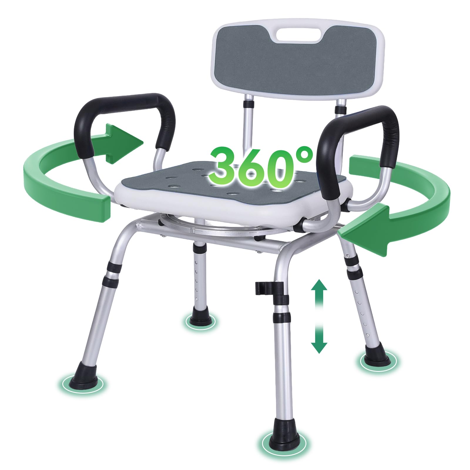 Silla de ducha giratoria con asiento de bloqueo, 400 libras, silla de ducha giratoria de 360° para ancianos y discapacitados, silla de baño ajustable en altura con brazos y respaldo, asiento de ducha