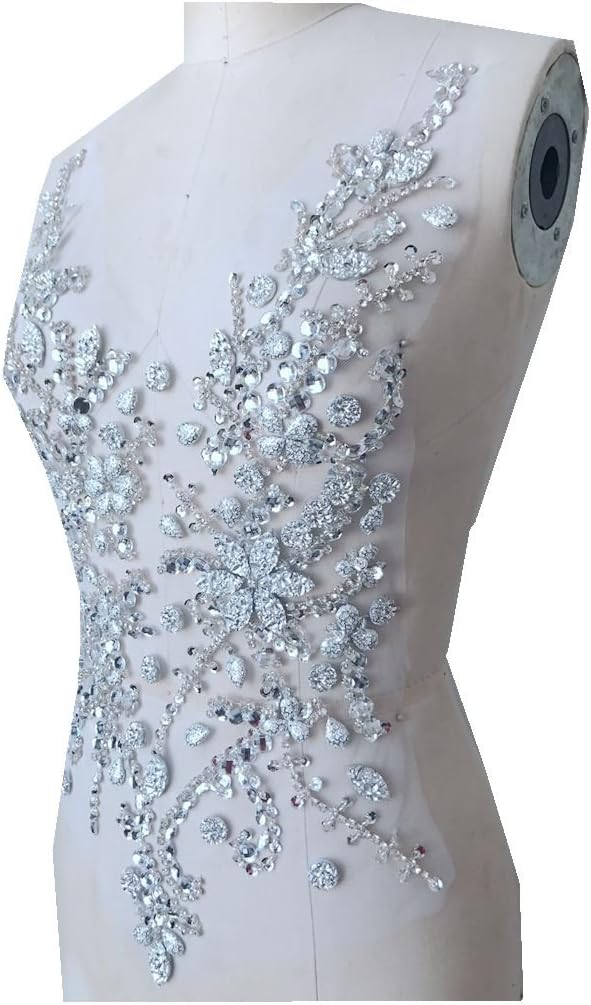 Zbroh Handmade Beaded Silver Crystal Bling Sew On Bridal Rhinestone Applique Motif Patch for Wedding Dresses DIY Decorative Clothes 50x30cm