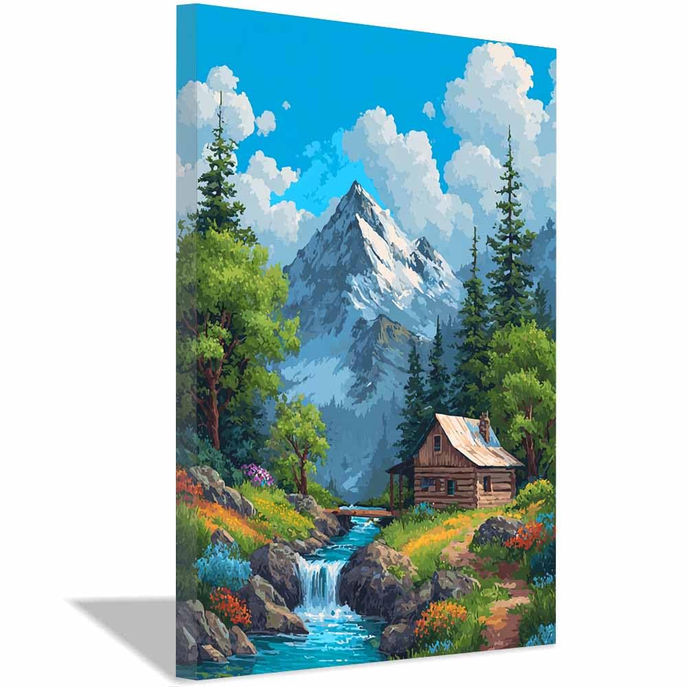 HOQIU Wall art for home decor Cabin Mountainse Stream Views canvas artwork for wall, art prints, For living room, bedroom, bathroom, dining room, painting and decor.(Multicolor)-40x60cm Framed