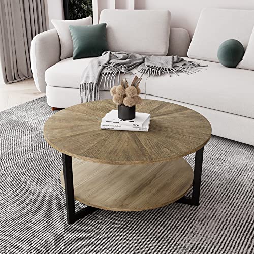 LEEMTORIG 33.5" Round Wood Coffee Table, 2-Tier Circle Round Coffee Table with Storage for Living Room, Mid-Century Modern Style with Texture Surface, Yellowish Brown with Black Metal Legs, KFZ-1338 - Image 5