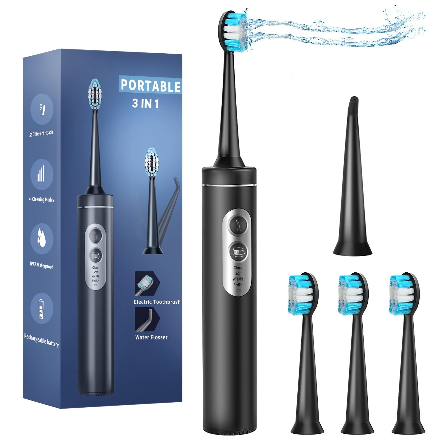 Spazzolino elettrico con idropulsore, spazzolino elettrico 3 in 1 con 4 modalità, spazzolino da denti e idropulsore combinato per adulti, idropulsore portatile per viaggi e casa