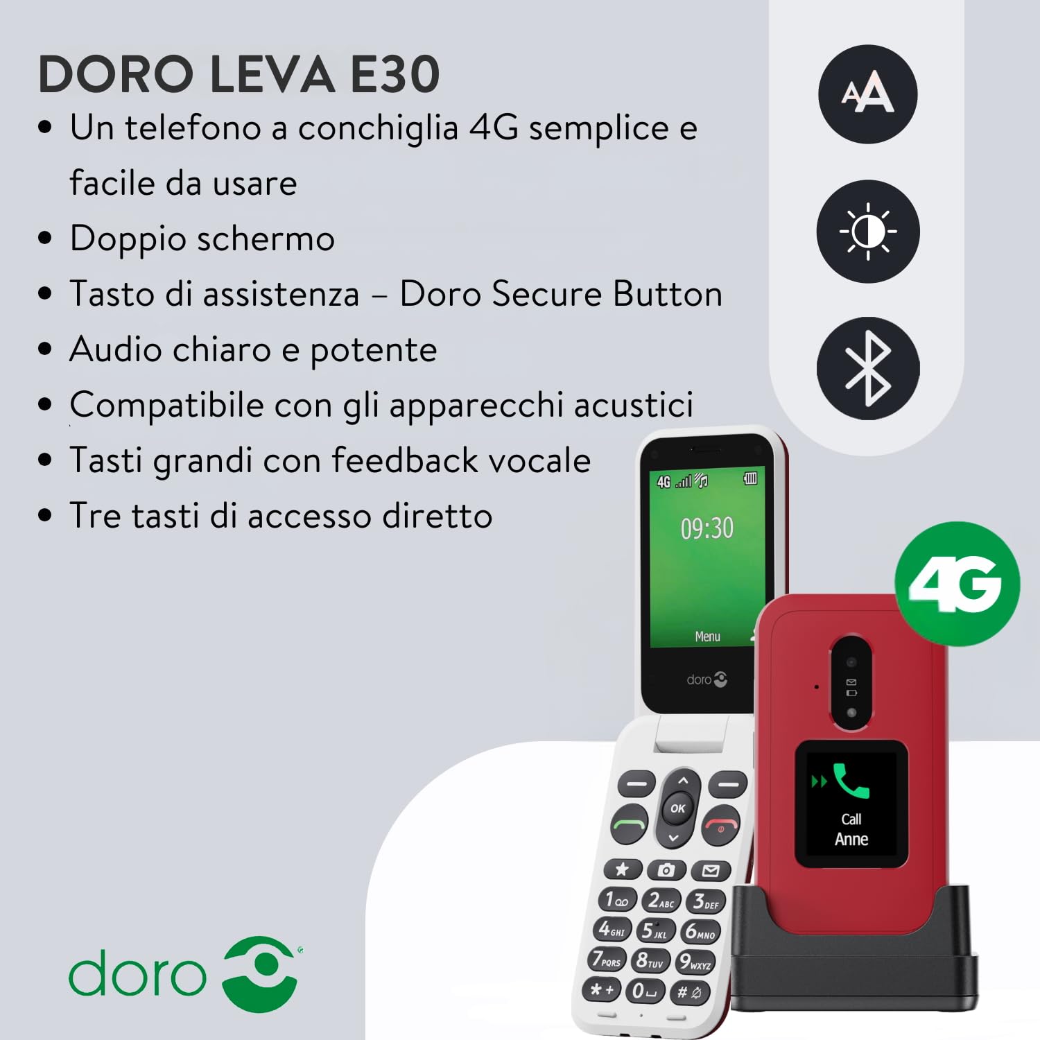 Doro Leva E30, Cellulare per Anziani 4G a Conchiglia, Display 2.8" + Schermo Esterno, Tasti Grandi, Audio Chiaro, Tasto SOS, Nero/Bianco