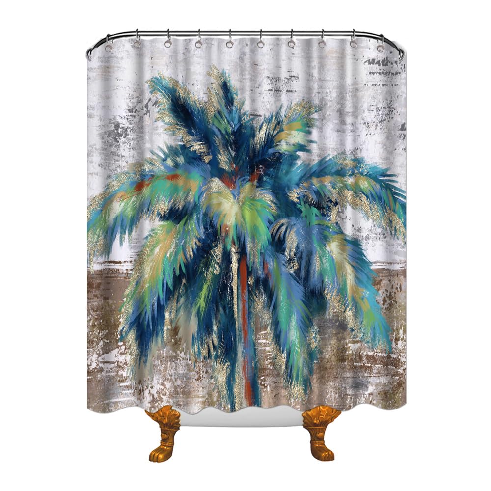 Conipit Tropical Shower Curtain Palm Tree Shower Curtain for Bathroom Decor Green and Gold Tree Bathroom Decor Waterproof Fabric 72x72 Inch with 12Pcs