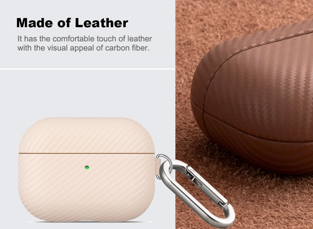 Haobobro Lederhülle für AirPods Pro 2 Hülle mit Schlüsselanhänger – Ausgewähltes hautfreundliches Leder, Kohlefaser-Textur, handgefertigte Hartschale für AirPods Pro 2. Generation Earbuds – Perlweiß