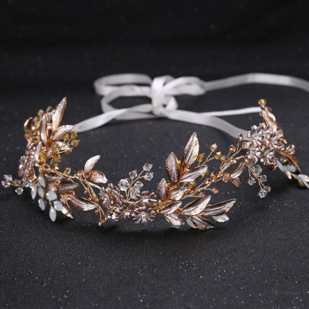 Fasce per capelli alla moda vintage con foglie bianche e fiori, fascia per capelli da sposa con nastro