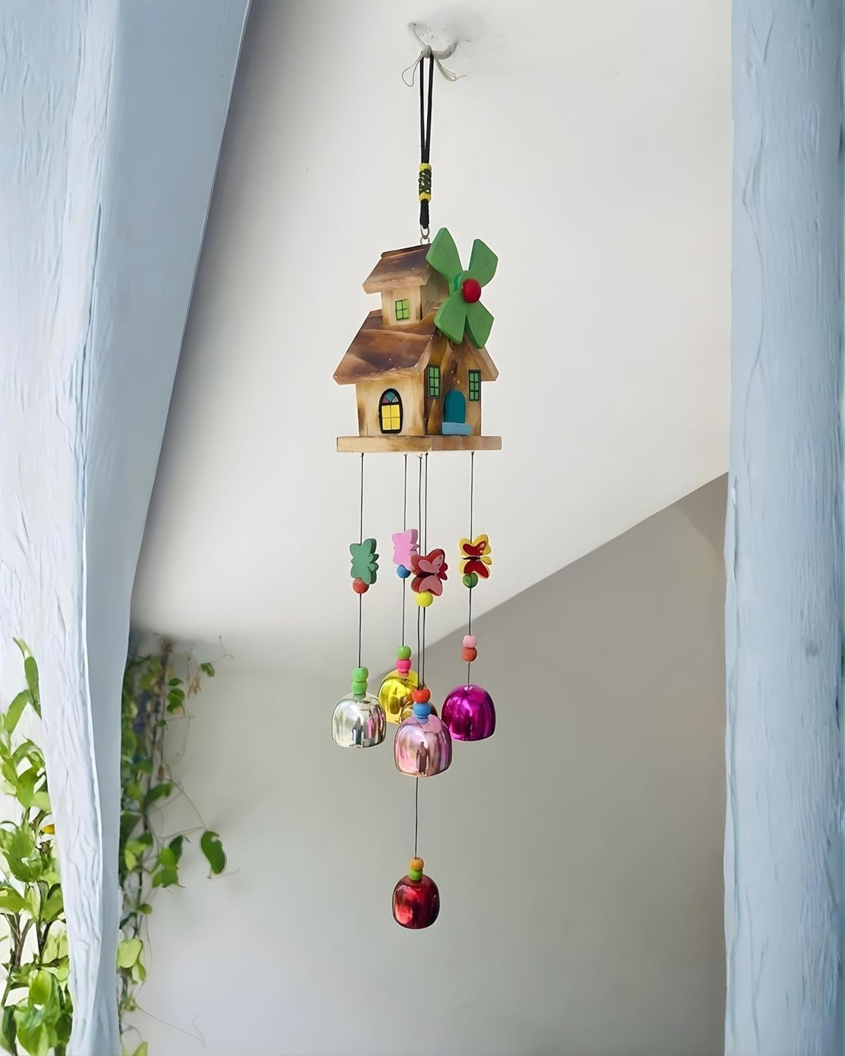 SUBHARTI Wooden Home Shape Wind Chime with Windmill - 5 Multicolour Bells for Home & Balcony | Gifting & Home Decoration with Melody Sound (Multicolour 5 Bell)-image-33