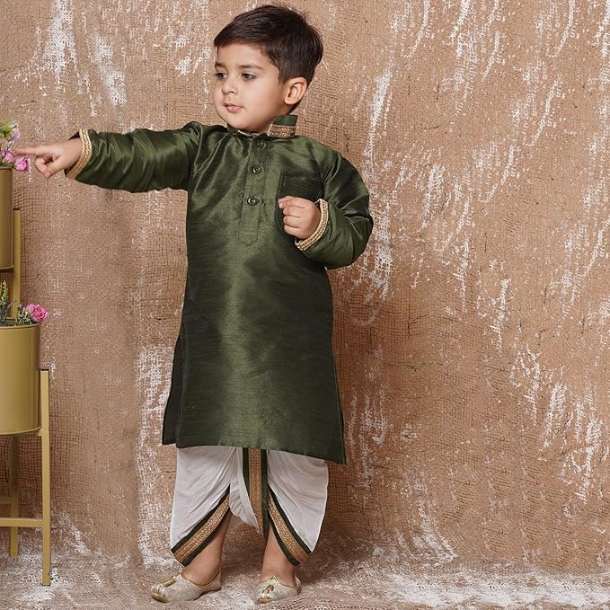 Image of AJ DEZINES Kids Cotton Printed Dhoti Kurta Set For Boys | Fashionable Bandhani Print Kurta | Stylish Boys Kurta Set | Perfect For Festivals Wedding & Family Function Wear