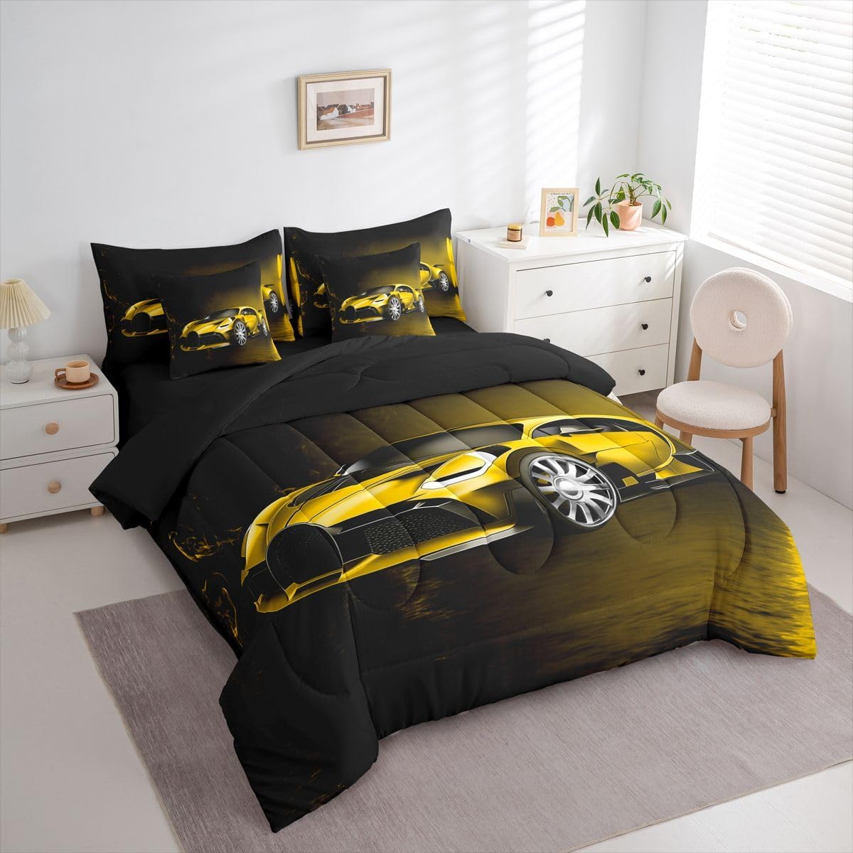 Feelyou Sports Car 7 Piece Bedding Set Yellow Race Car Comforter Set with Sheets for Kids Boys Girls Extreme Sports Bed in a Bag Cool Speed Luxury Car Decor Quilt with 1 Pillowcase Twin