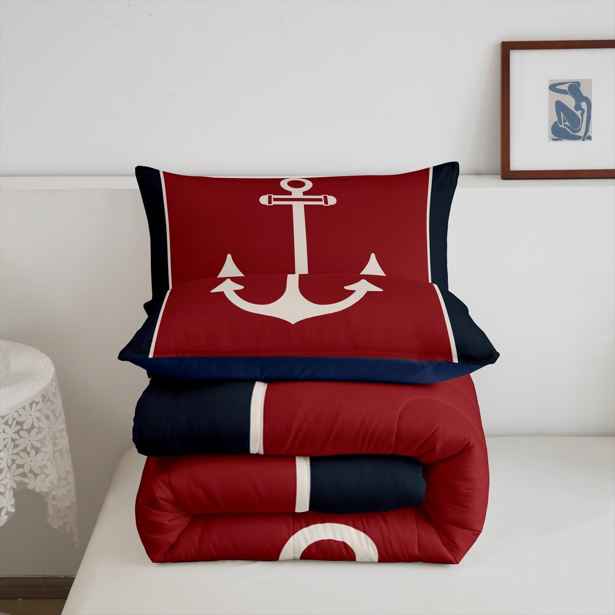Feelyou Anchor Decor Comforter Set Queen Size Nautical Themed Bedding Set for Boys Girls Teens Ocean Comforter Sea Adventure Duvet Set Dull Red Quilt Set