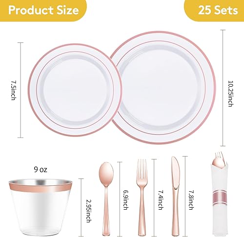 Miniatura 10 de Juego de vajilla de plástico con purpurina dorada de 350 piezas para 50 invitados, platos desechables elegantes para fiestas, incluye 50 platos