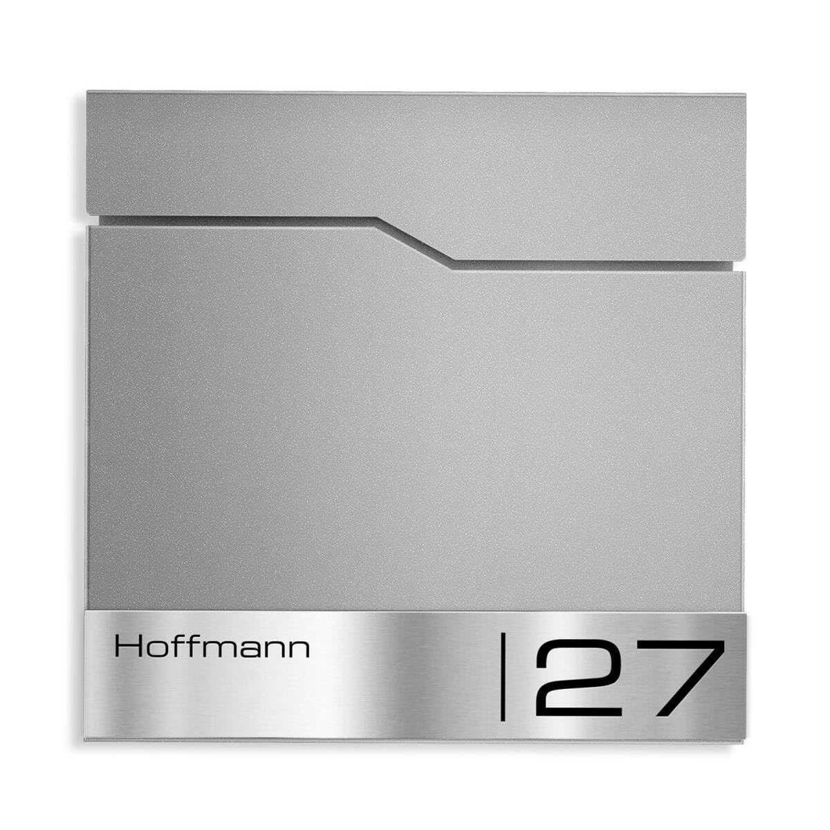 Metzler Cassetta Postale da Parete Grigio Alluminio RAL 9007 – Cassetta postale di design con targhetta nominativa in acciaio inox V2A incisa al laser e vano portagiornali – Modello Enno