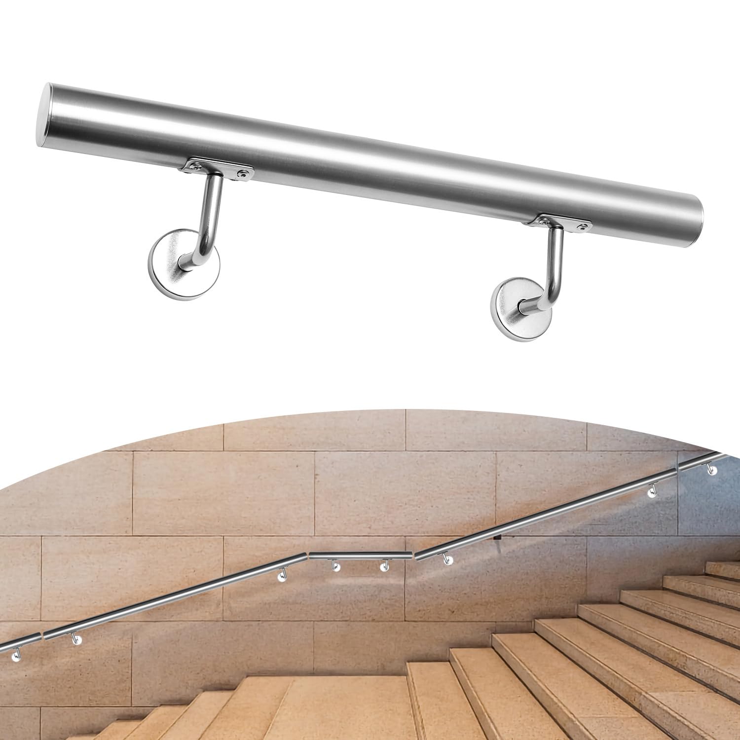 Pasamanos de acero inoxidable, pasamanos de 100 cm de largo, diámetro de 42 mm, para escaleras interiores y exteriores, incluye soporte de pared y tapas finales