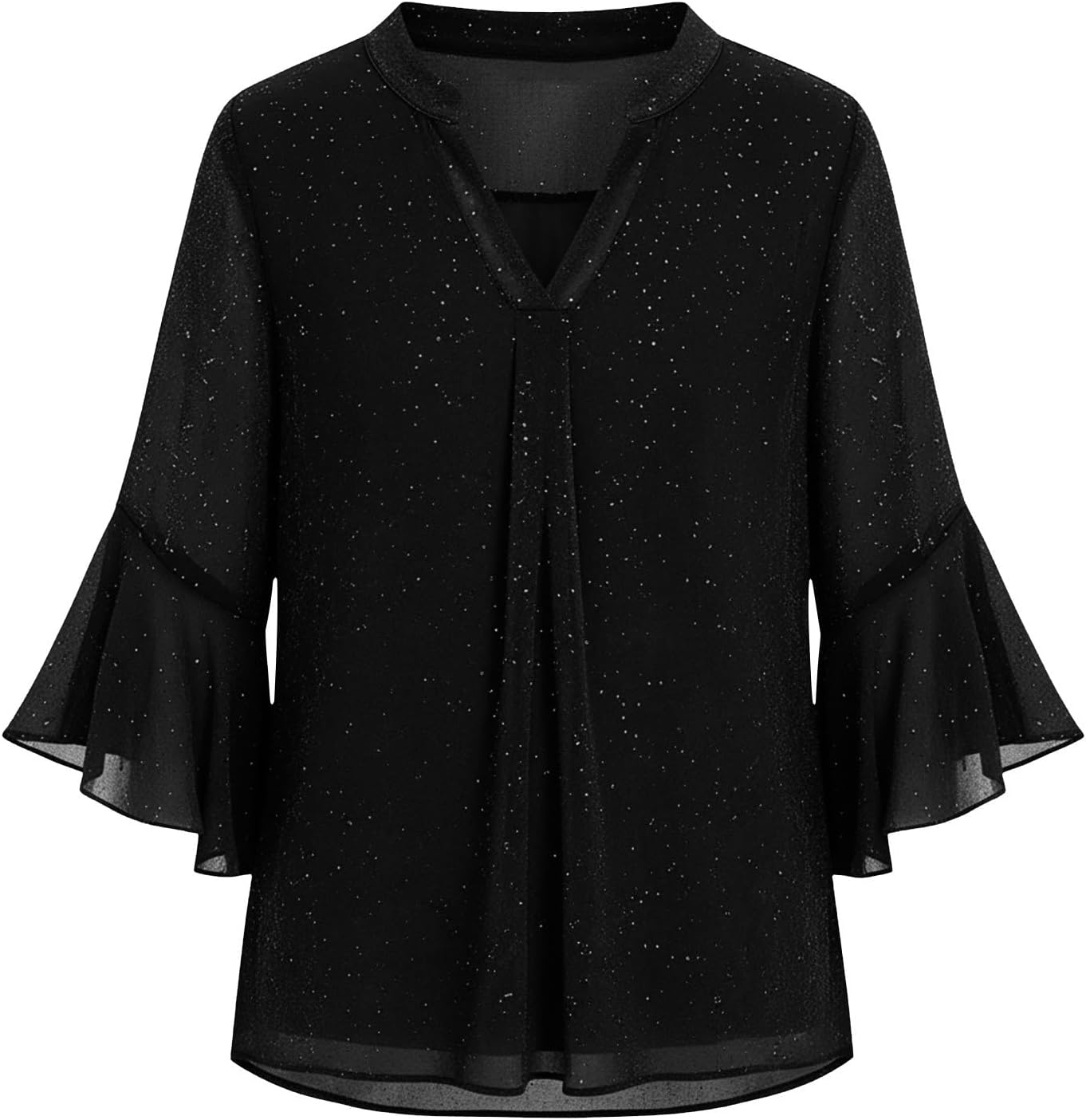 Girls Chiffon Sequin Top Sparkly Dress Shirts 3/4 Ruffle Sleeve Blouses Casual V Neck Tee Double Layers Mesh Tops