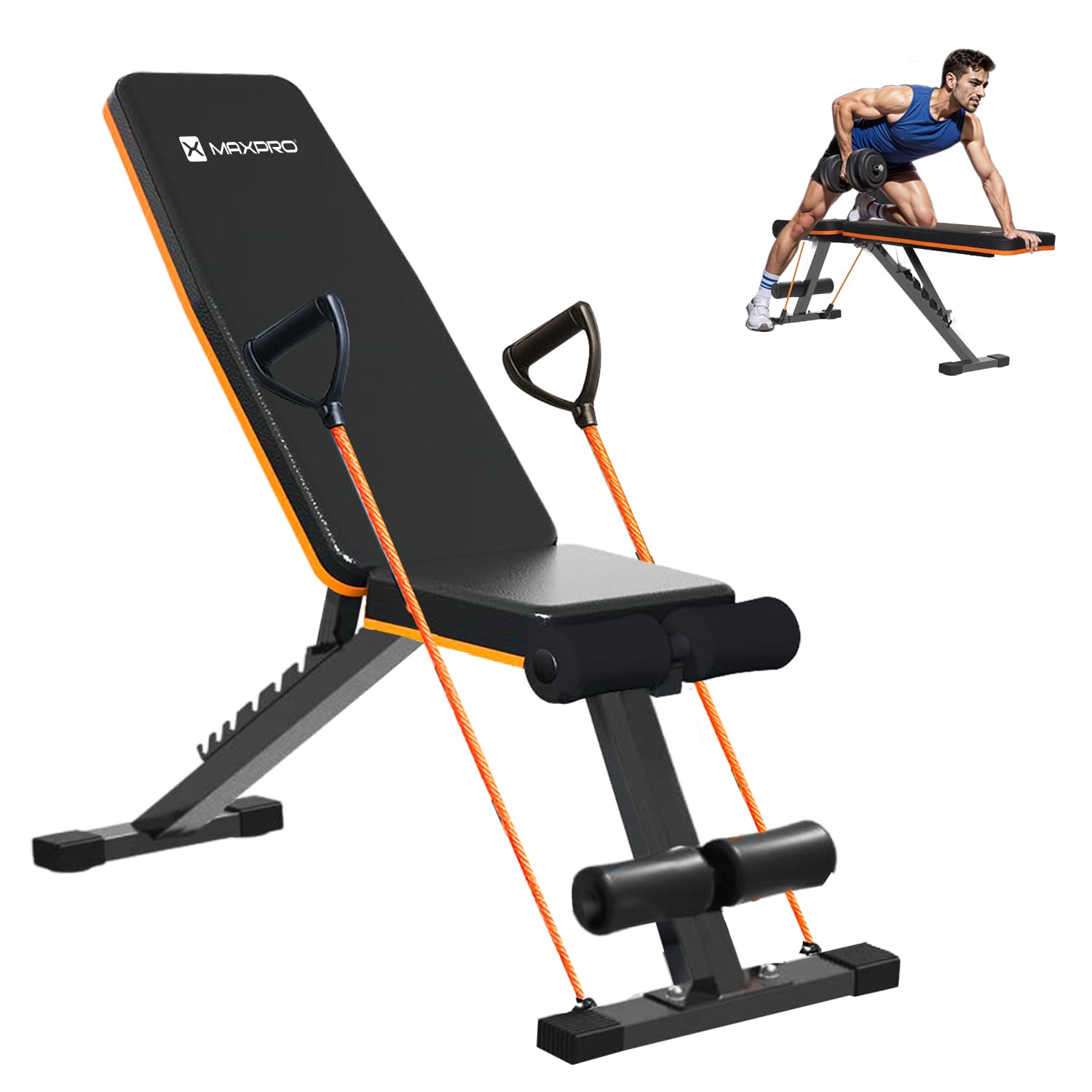 MAXPRO MP-AB300 MAXBENCH Commercial Grade Adjustable And Foldable Gym Bench Incline,Decline & Flat 250 Kg Capacity Fitness Gym Bench with Resistance Ropes For Home Workout,Adjustable Strength Training Bench for Full Body Workout