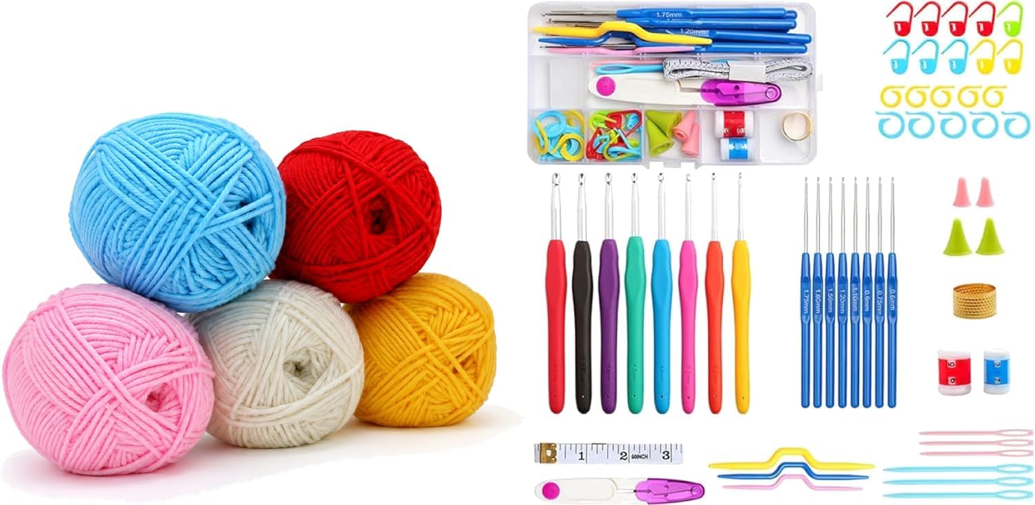 Dhanvira 57 Pcs Crochet Kit Box for Beginners with 5 Wool Yarn