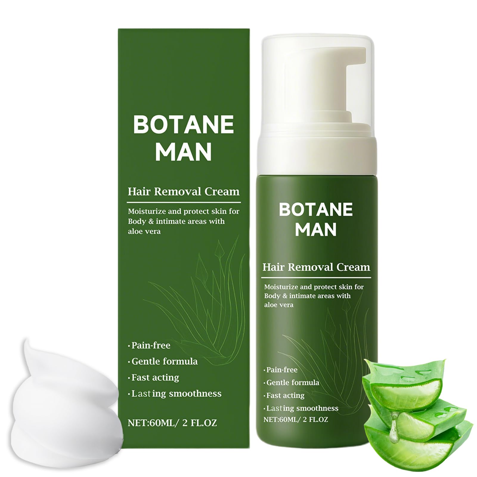 Botane Hair Removal Cream for Men Natural Aloe Vera Quick Gentle Fast-Acting Hair Remover Mousse Moisturizing Nourishing Non-sticky