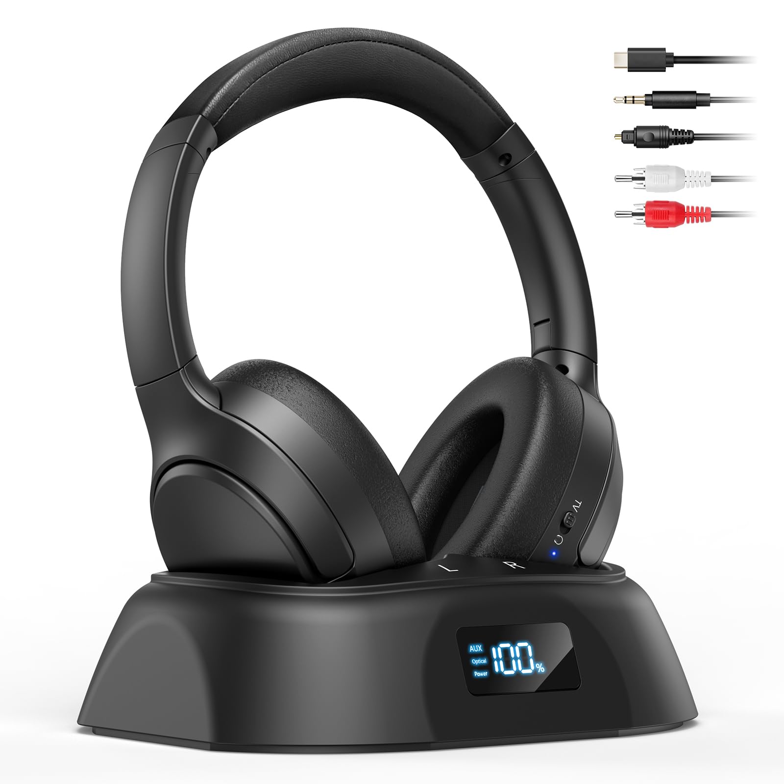 Doohoeek Casque Audio TV sans Fil, Casque Bluetooth 5.3 avec Station de Charge & Écran Digital, Autonomie 60H, Casque Léger et Pliable pour TV (Optique, AUX & Bluetooth)