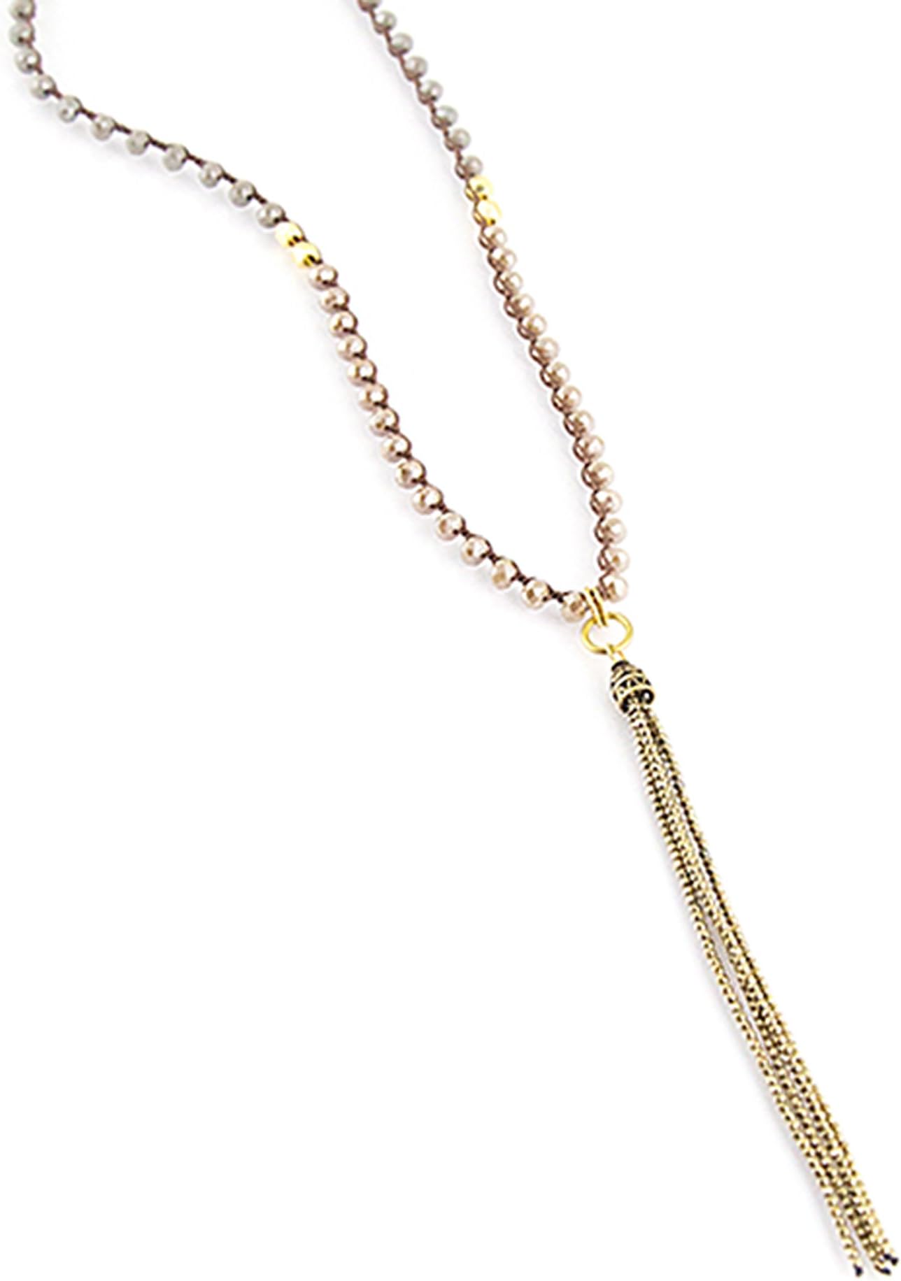ISABEL INY Crochet Kaia Necklace: Dark Blue Denim Crystals with Gold/Silver Tassel