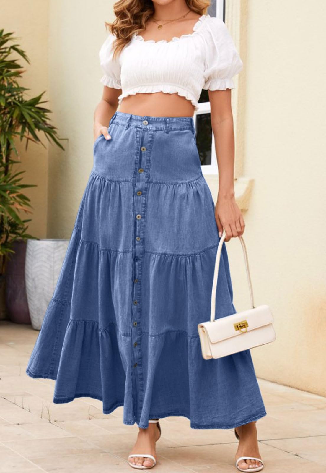 loveimgs Jupe longue en jean taille haute élastique pour femme avec boutons et volants, poche patchwork Y2k