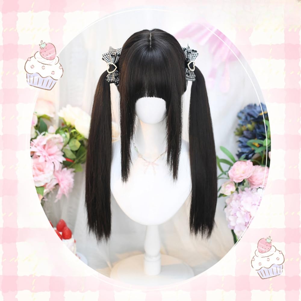 Lolita Double Pigtails Wigs for Women Fluffy Long Straight Hair Wig with Bangs Synthetic Heat Resistant Wig for Daily Party (Brown Black)