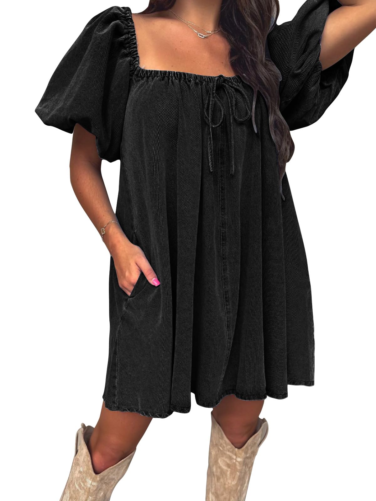 EXLURA Womens Summer Denim Short Puff Sleeve Dresses Knit Loose Plus Size Short Mini Dress 2025 Trendy Outfit