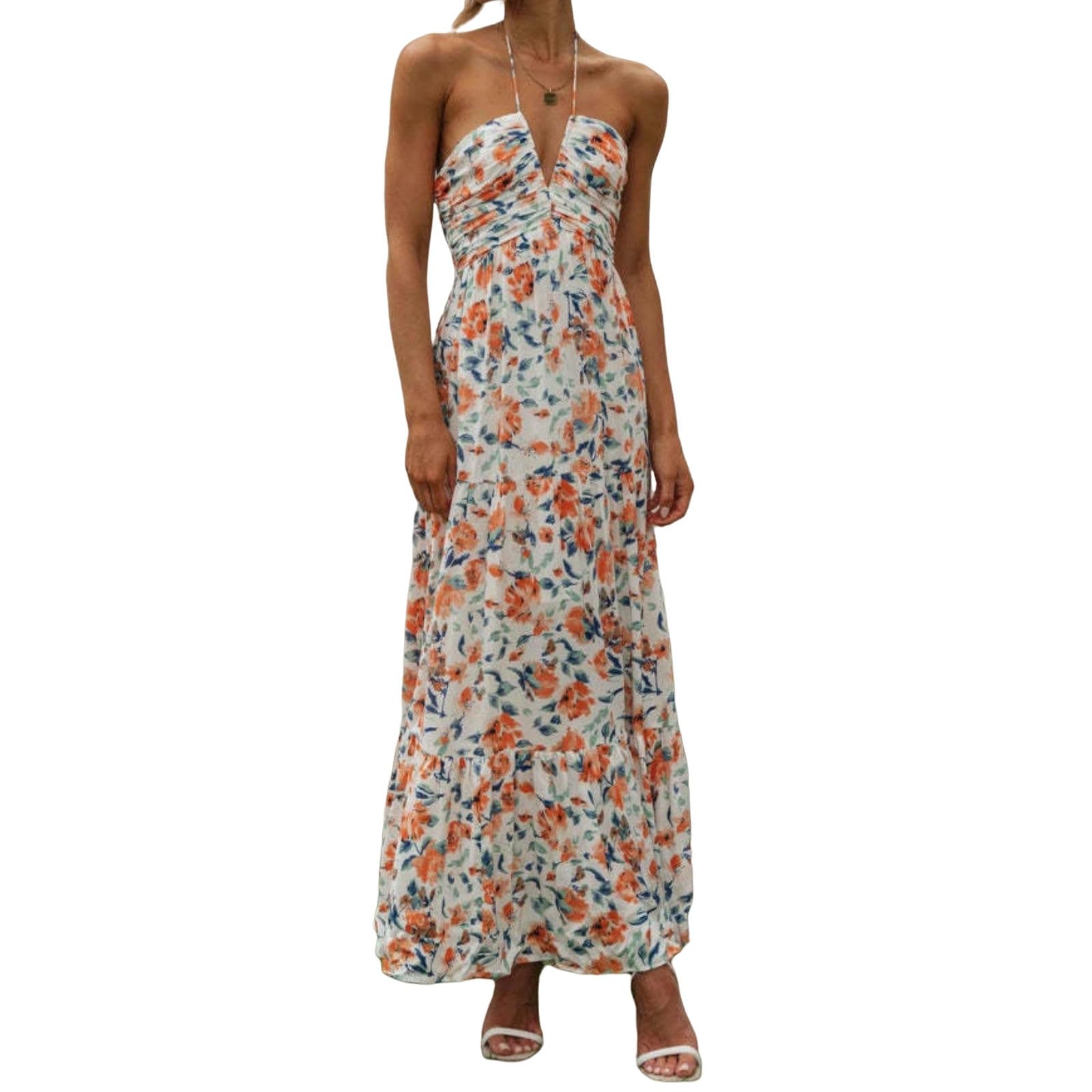 Vestito Donna Elegante Abito Estivo da Stampato A V-Scollo V-Torta in Stile FESTIVITÀ Casual Alto-Fiori Rossi-XL