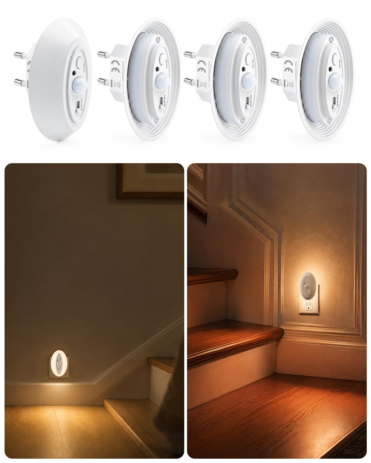 Nachtlicht Steckdose mit Bewegungsmelder und Dämmerungssensor, 4 Stück | Dimmbares LED Hintergrund, 3 Modi, Für Flur Treppe Schlafzimmer Kinderzimmer Bad Küche