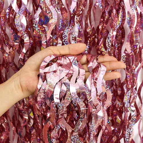 Image of TONIFUL 3Pcs Wavy Metallic Tinsel Foil Fringe Curtains Rose Gold Streamer Backdrop for Photo Booth Props,Party Door Wall Curtain,Bachelorette,Birthday,Anniversary,Bridal Shower Decor (9.9ft x 6.6ft)