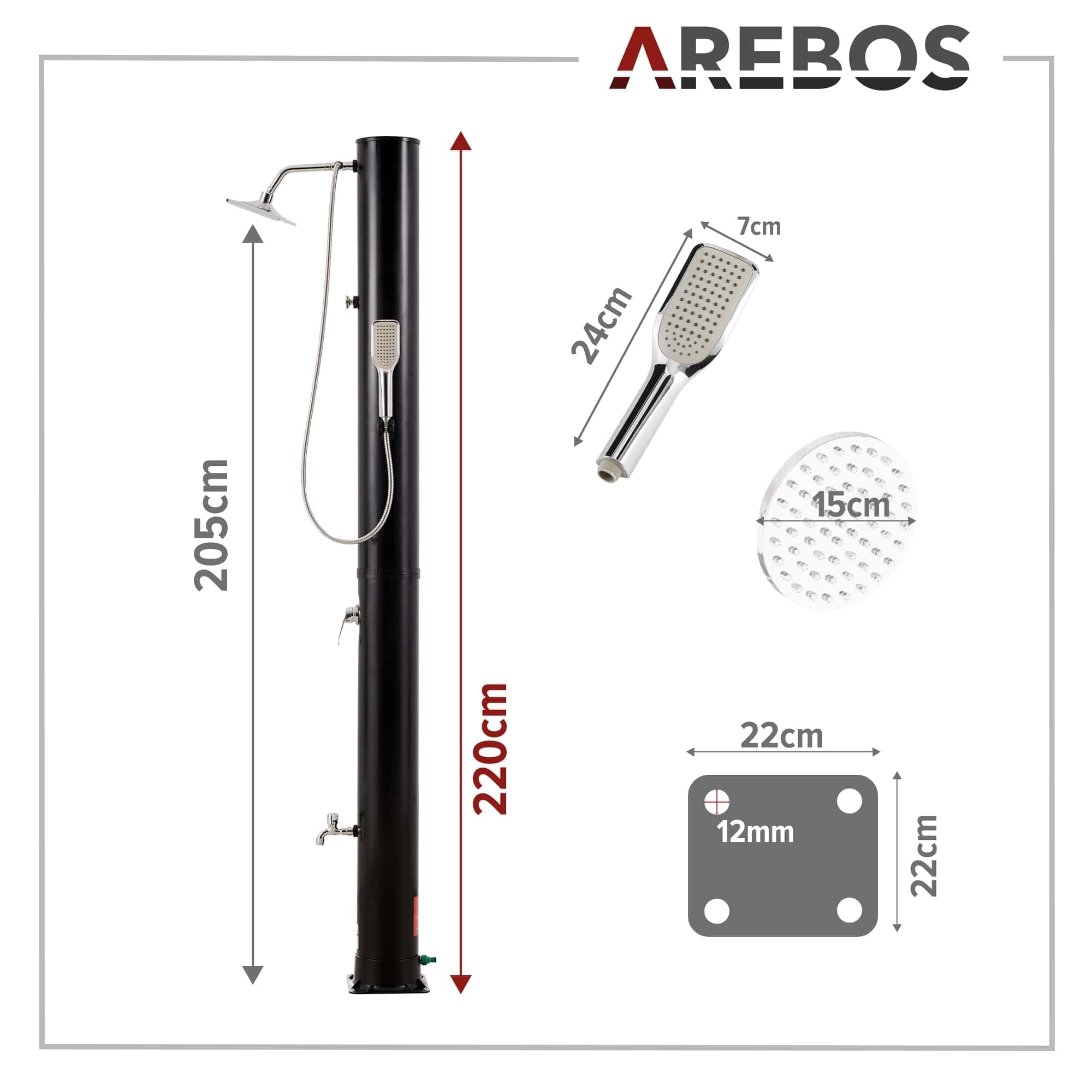 Arebos Solardusche 40L Premium & Bodenelement Anthrazit | inkl. Abdeckhaube & Montagematerial | mit integriertem Thermometer & Fußdusche | Gartenschlauch-Anschluss | Schwarz