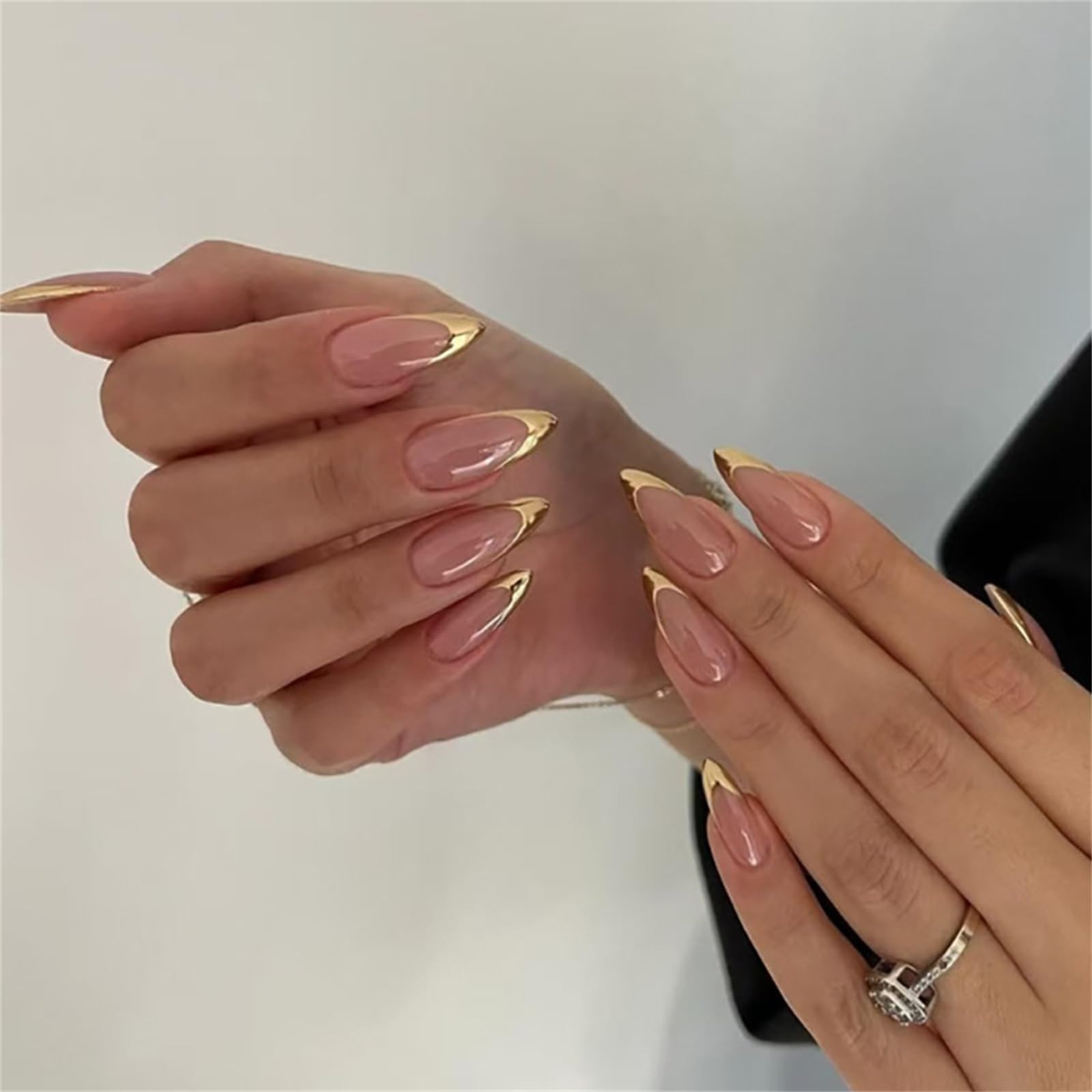 Almond False Nails - French Tip Press on Nails - 24pcs Medium Almond Gold Chrome Press On - French Fake Nails for Women and Girls - Stick On Nails For Women Girls Nail Art Gift