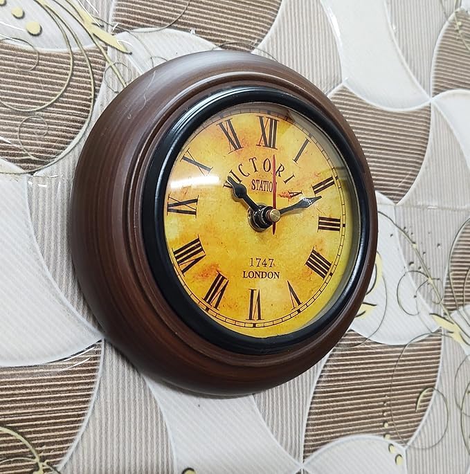 Image of Antique Look Wooden Wall Clock Small Hanging Wall Clock for Kitchen & Dining Room Home Office Decoration (6 inches Antique)
