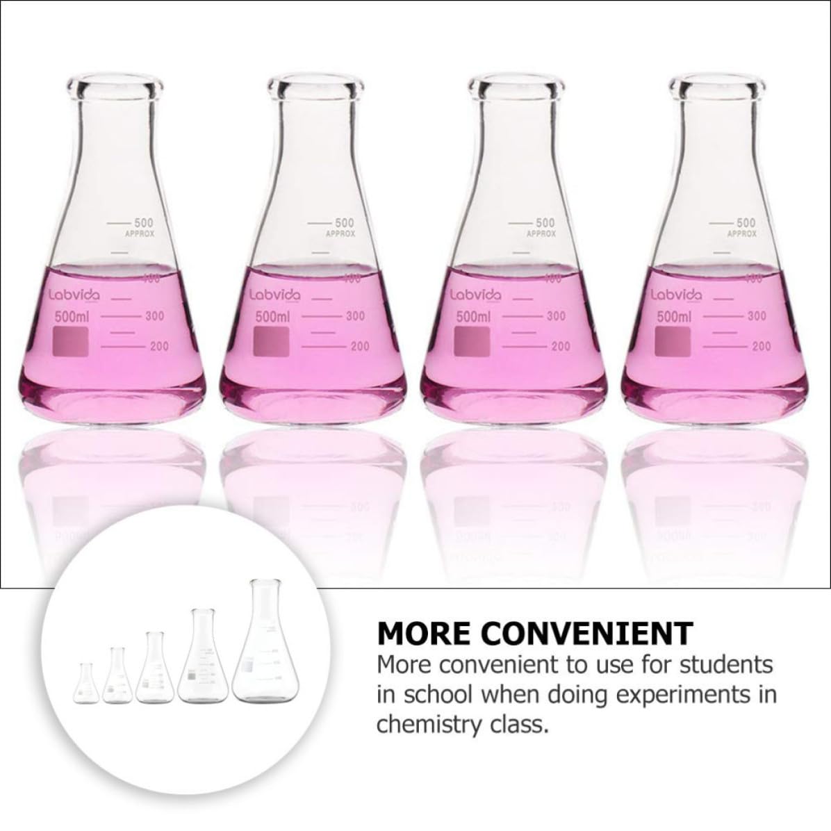 Beuta Conica in Vetro Borosilicato, Collo Largo, 5 Pezzi | Matraccio Conico a Collo Largo, Fondo Piatto e Graduazioni Standard, Capacità 50ml 150ml 250ml 500ml 1000ml