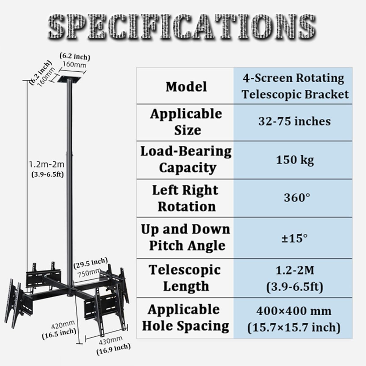 Soporte de TV de techo para 3 o 4 pantallas, compatible con la mayoría de televisores de 32 a 75 pulgadas, soporte de TV de techo ajustable y giratorio de 360°,4screen